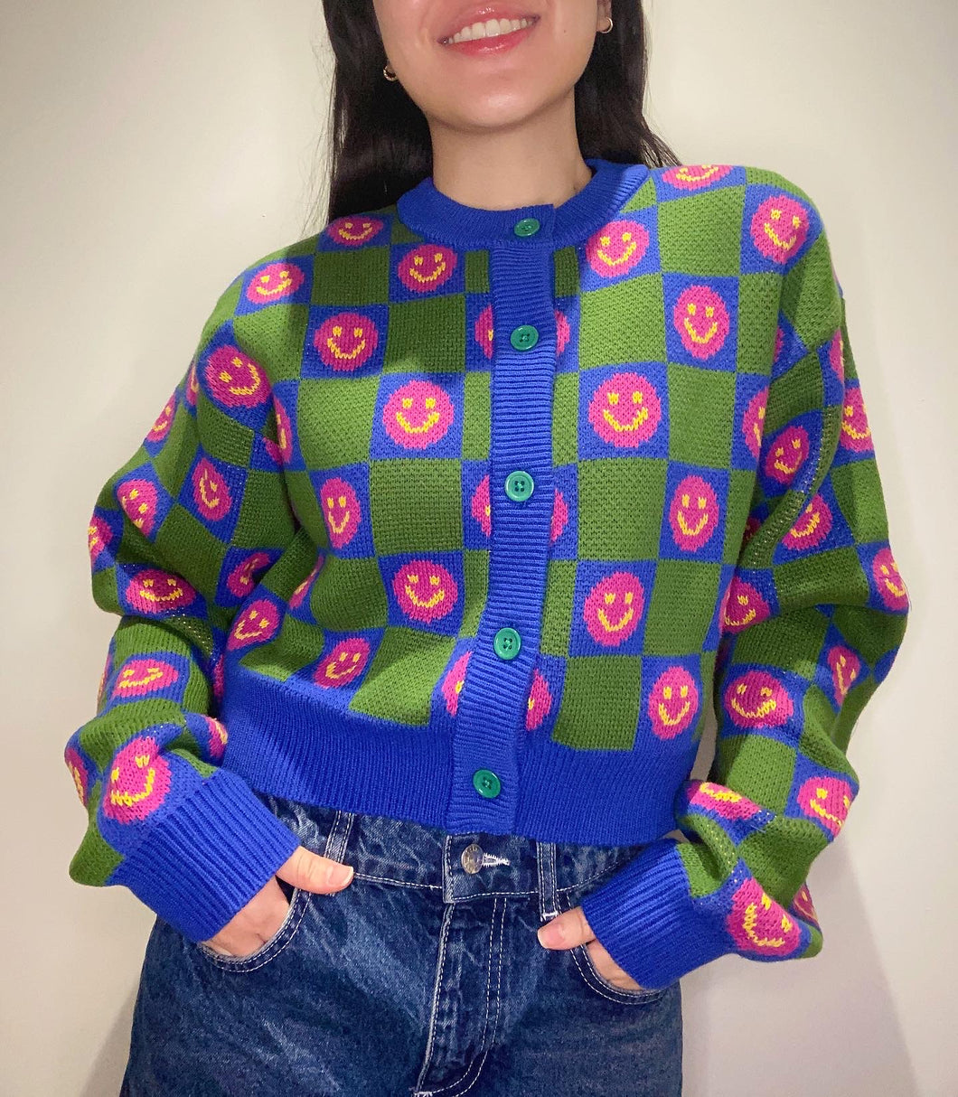 Checkered Smileys Oversized Cardigan